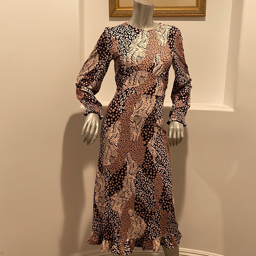 Dorothy Perkins Cut Out Animal Print Ruffle Hem Midi Dress Size 6 BNWT